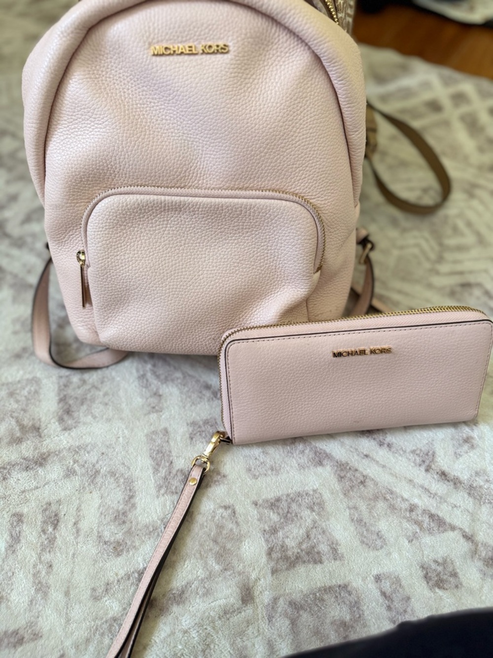 Michael Kors Pale Pink Leather Backpack and Zip Wallet Set